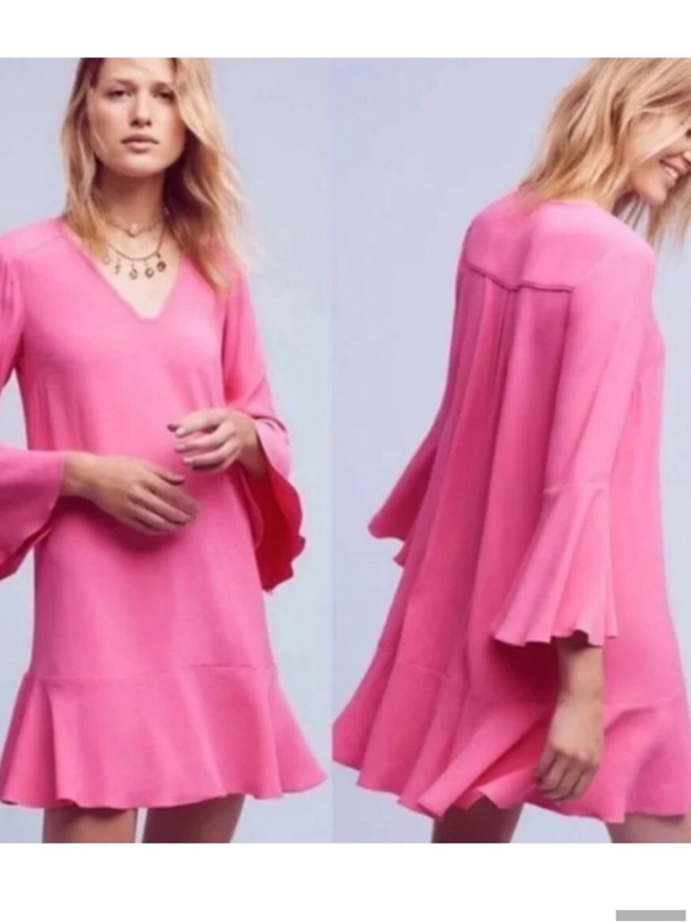 Anthropologie Hot Pink V-Neck Bell Sleeve Mini Dress